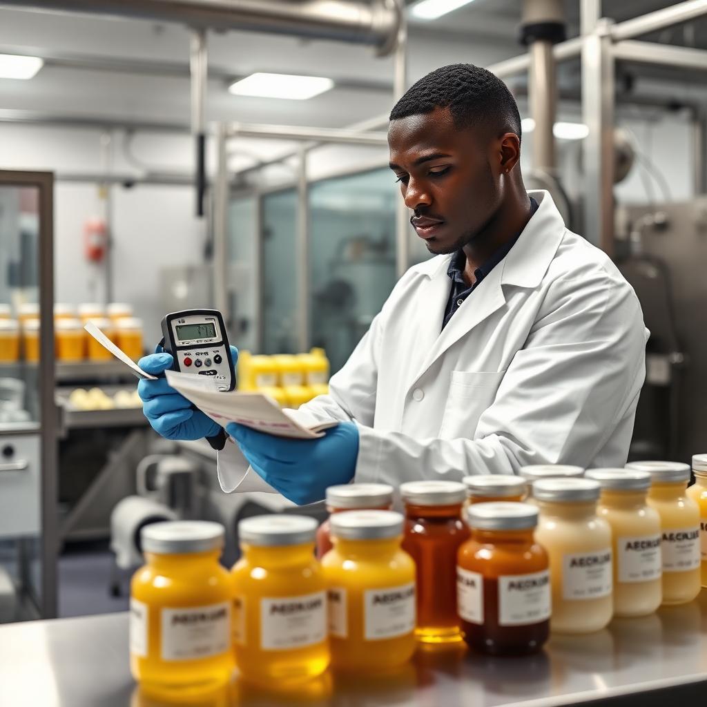 Technicien contrôlant le pH et la documentation de lots en production cosmétique