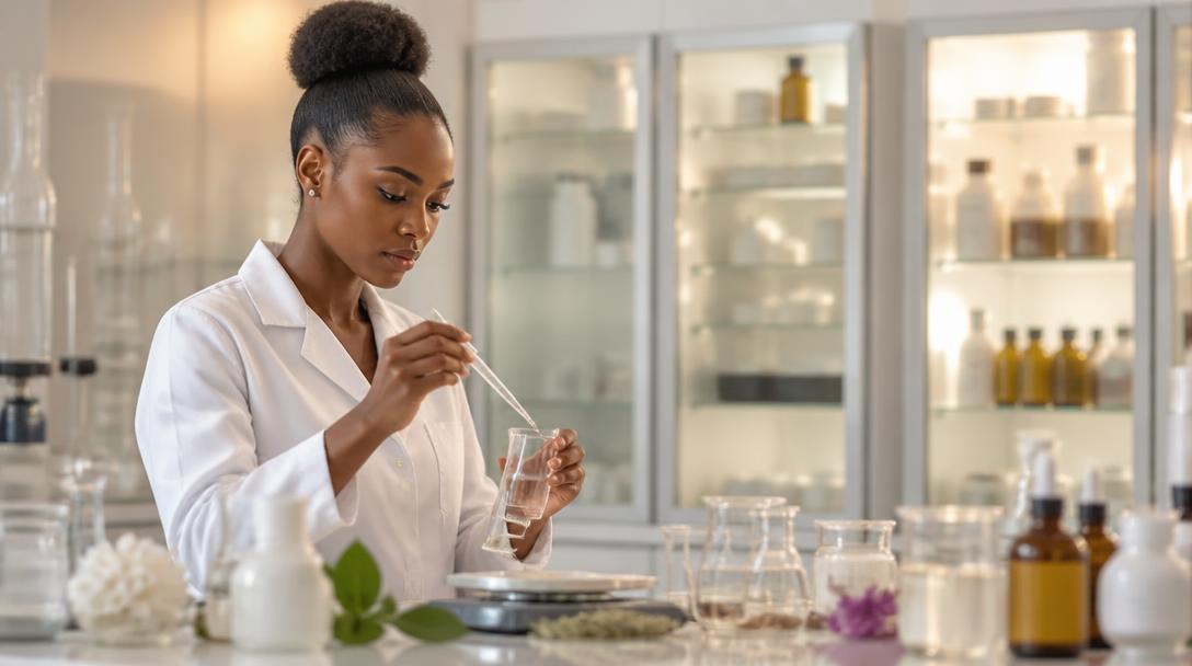 Scientifique en laboratoire cosmétique analysant une formulation