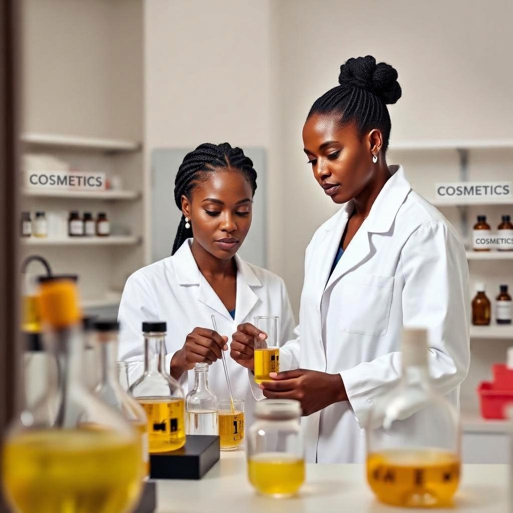 Formulatrice en blouse blanche préparant une émulsion dans un laboratoire cosmétique