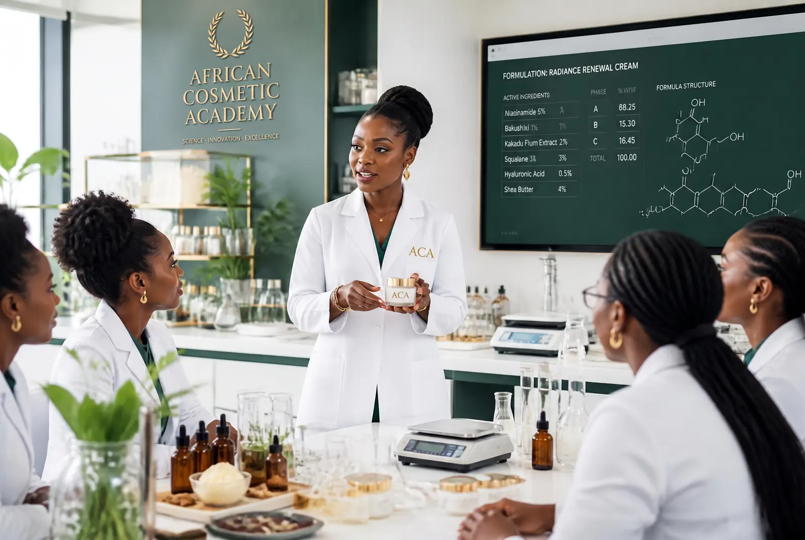 Formatrice ACA présentant une crème cosmétique à ses étudiantes