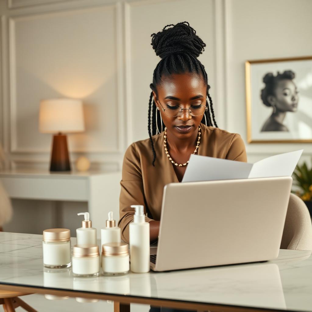 Entrepreneure cosmétique travaillant sur sa gamme de soins et son plan d'affaires